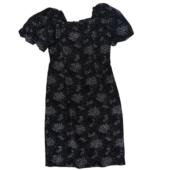 Vintage 90s Essence Black Puff Sleeve Dress M/L Glitter Fireworks Heart Neck - Picture 4 of 6